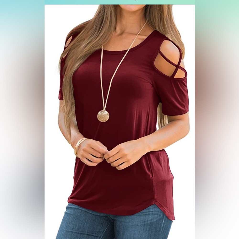 Womens Crewneck Short Sleeve Tops Summer Cold Shoulder T-Shirt for Women